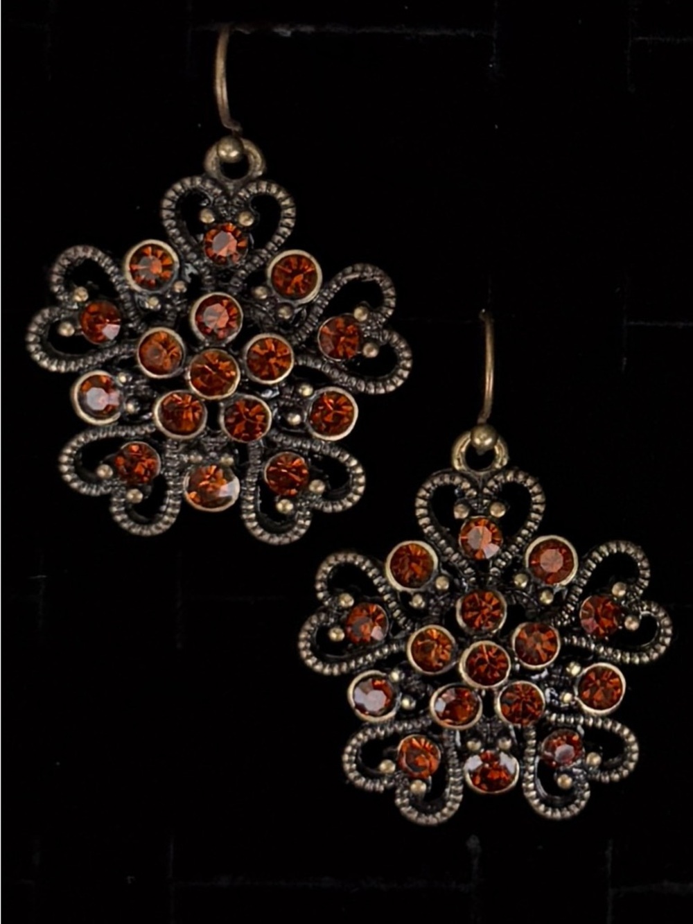 Gorgeous, antique, aged bronze tone, amber color stone pierced earrings